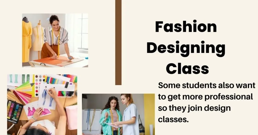 A fashion designing class in progress. The classroom is filled with enthusiastic students, both male and female, seated at tables with sketchbooks and design tools. They are engaged in various activities, such as sketching, draping fabric on dress forms, and cutting patterns. The instructor stands at the front, explaining design concepts and techniques. The walls are adorned with fashion illustrations, color palettes, and inspirational images.
