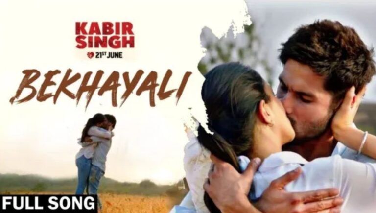 THere is a man and woman which is movie kissing scene and written " KABIR SINGH 21TH June BEKHAYALI.
