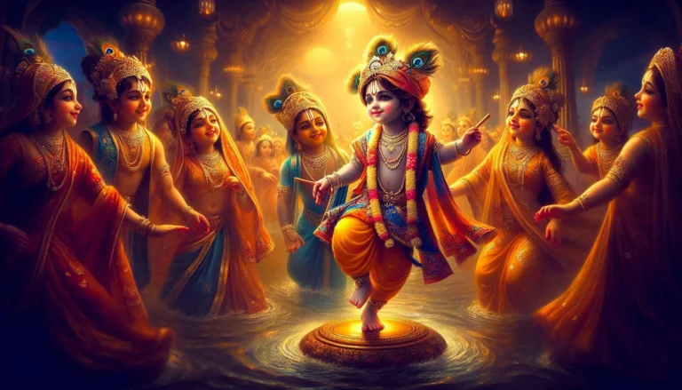 In This Image Is About "Krishna's Dance with the Gopis"