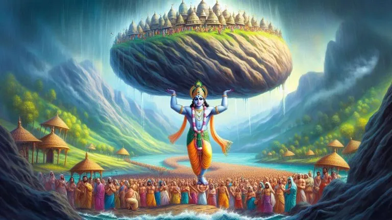 This Image is About of ."The Mighty Lifter of Govardhan Hill"