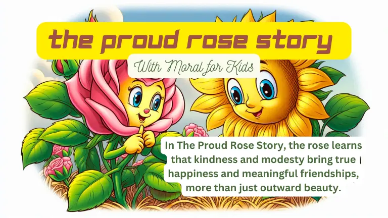 Illustration with text "The Proud Rose Story," showing a proud rose learning about humility from other garden flowers.