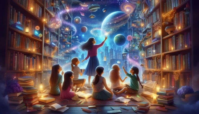 This image featuring The Cosmic Library story with children exploring a magical library in space.