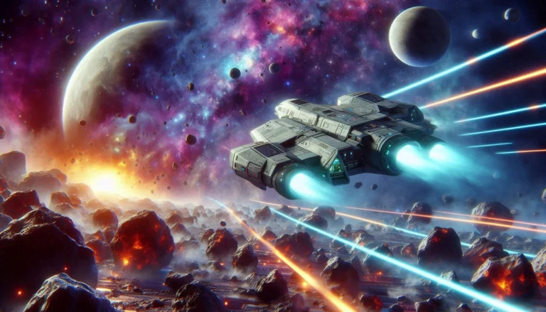 Feature image for The Galactic Race story with a spaceship navigating through asteroid fields.