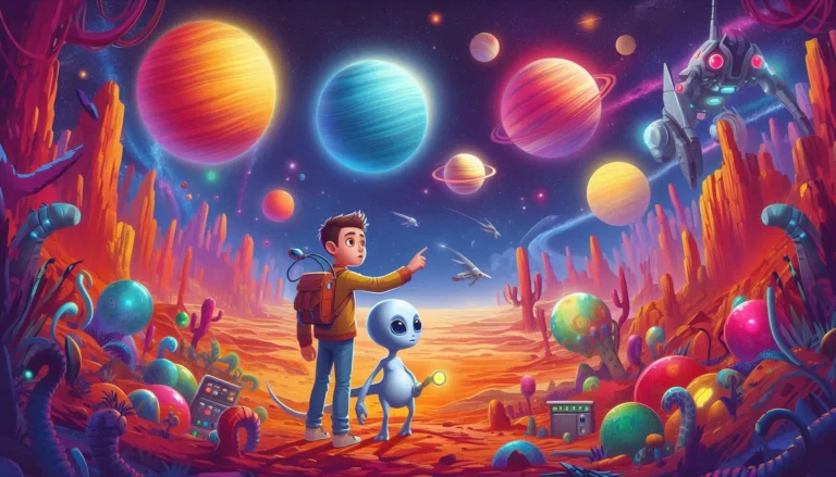 Feature image for The Lost Planet story showing Alex and Zog exploring a colorful alien planet.