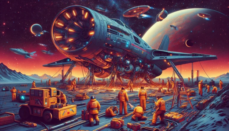 This image features The Starship Rescue story with a crew repairing a stranded starship.