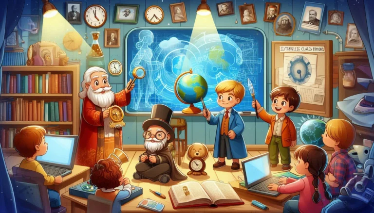 Feature image for The Time Traveling Classroom story with kids exploring different historical periods.